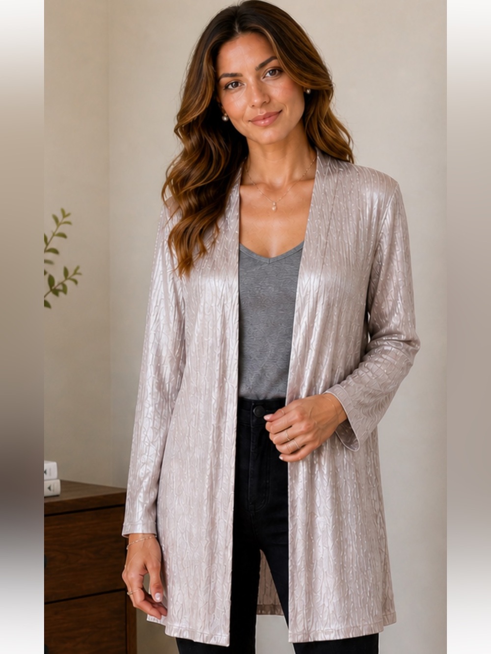IMAN Metallic Open Front Cardigan Duster Gold Shimmer Size 1X